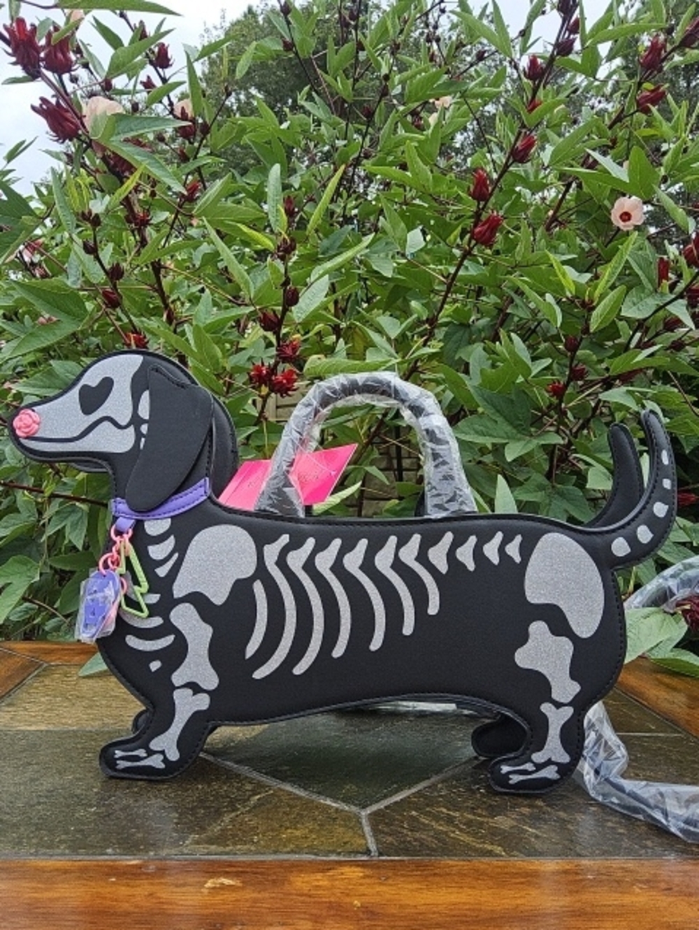 Betsey Johnson Black Dachshund Skeleton Crossbody Bag with Purple Collar